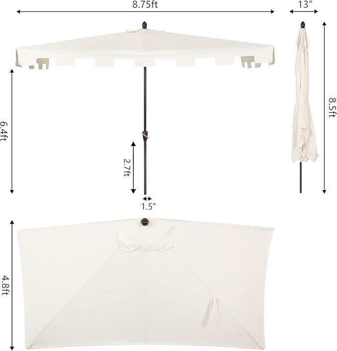 JONATHAN Y Sidney Coastal 9 ft. Cream Half Umbrella for Outdoor Patio, Space-Saving Rectangular Wall Sun Shade with Crank Lift, UV Protection for Balcony, Deck, Dark Brown Pole UMB1200B