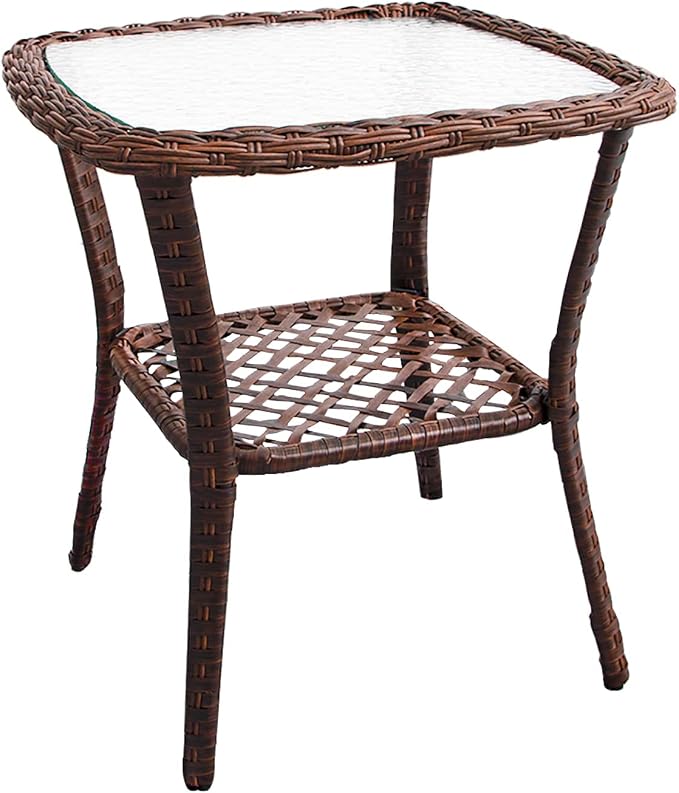 DIMAR GARDEN Outdoor Side Table Wicker Patio Coffee Table with Glass Top and Storage Shelf,Mixed Brown