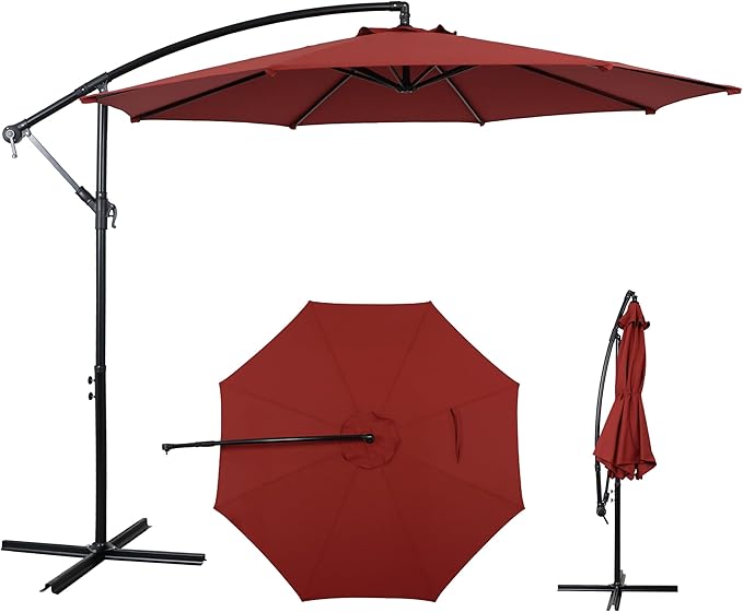 10FT Offset Patio Umbrella, Cantilever Hanging Umbrella with Infinite Tilt, Fade-Resistant Water-Repellent Canopy & Cross Base for Yard, Garden & Deck