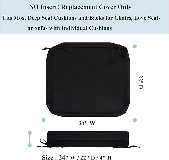 FUNHOME 2 Pack Outdoor Cushion Slipcovers 24" x 22" x 4", No Insert! Water-Resistant Patio Chair Seat Cushion Covers with Zipper and Tie, Replacement Cover Only(Black)