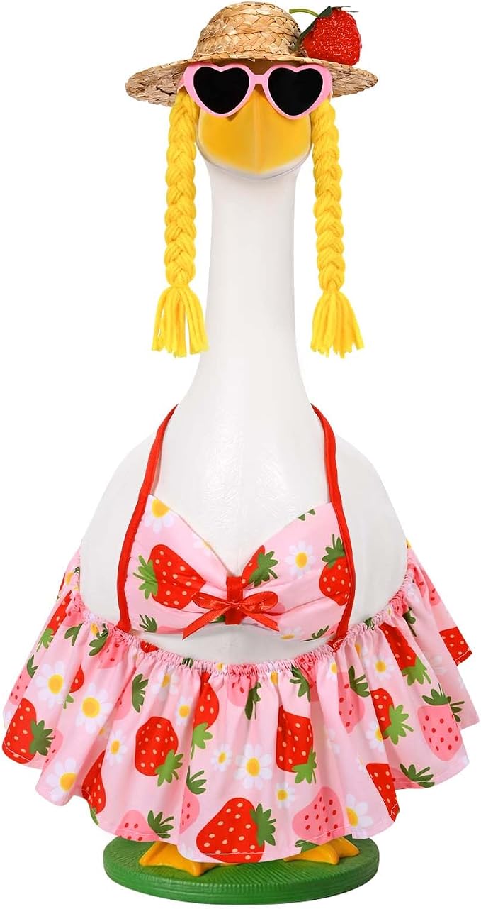 JcHrmers Bikini Goose Outfit Summer Strawberry Porch Goose Outfits Hawaiian Lawn Goose Clothes Fits 23" Cement Plastic Goose Statue for Summer Outdoor Garden Yard Patio Art Decor