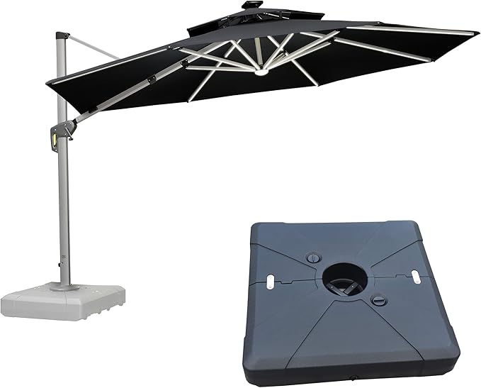 PURPLE LEAF 12ft Patio Umbrella With Base Solar powered LED Cantilever Umbrella with LED lights Windproof Outdoor Offset Umbrella for Garden Deck Pool Patio, Black
