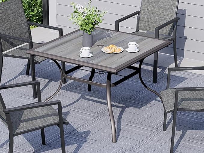 37" Square PVC Patio Dining Table with Brown Metal Steel Frame,Woodlike Top | Brown Metal Steel Frame, Woodlike PVC Top, 37" Square Table, 4 Person Use, 1.9" Umbrella Hole
