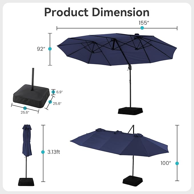 COSIEST 8 * 13FT Cantilever Patio Umbrella with Base,Large Rectangle Offset Umbrella，Heavy Duty Double-Sided Table Market Umbrella for Garden, Pool, Deck Shade, Navy Blue