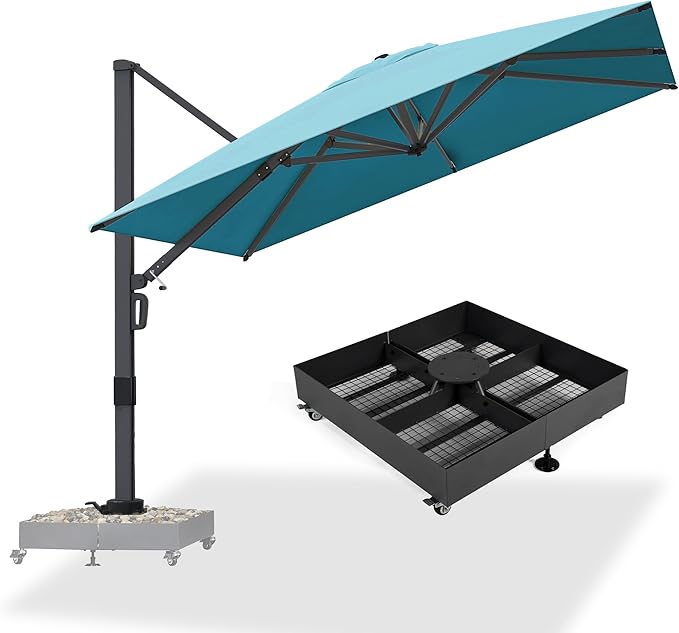 PURPLE LEAF 10 FT Cantilever Umbrella with Wheeled Base Square Large Aluminum Outdoor Offset Patio Umbrella with 360° Rotation for Pool Garden Deck Backyard Turquiose Blue