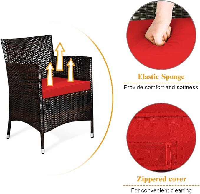 8 Pieces Patio Sofa Set, Wicker Conversation Set with Ergonomic Curved Backrest, Water-Resistant Cushion & Tempered Glass Table for Balcony, Porch (Red)