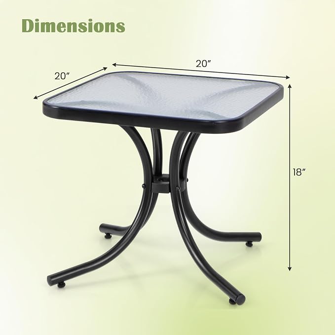 Giantex Small Outdoor Side Table with Tempered Glass Top Set of 2, Heavy-Duty Metal Frame, 110 Lbs Capacity, Square Patio Table for Balcony, Porch, Backyard, Deck, Black