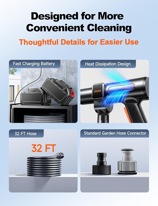 Cordless Portable Car Washer, Handheld Washer with Brushless Motor, 6-in-1 Nozzle and 32 ft Detachable Hose, Battery Powered Washer for Car, Home, Outdoor Patio and Garden Use.