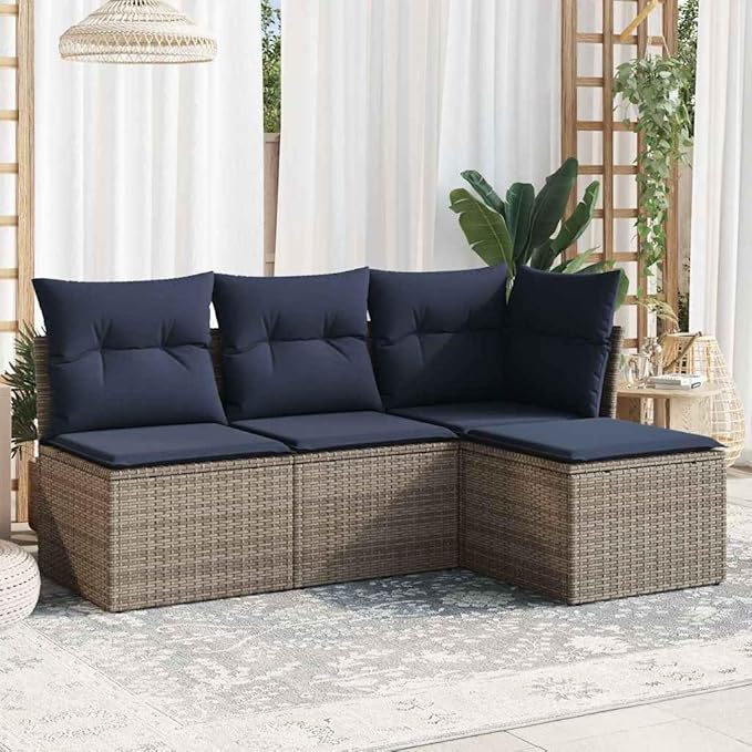 vidaXL Patio Sofa Set with Cushions 4 Piece, Outdoor Conversation Set, Patio Furniture Set for Balcony Garden, Modern Style, Gray Poly Rattan