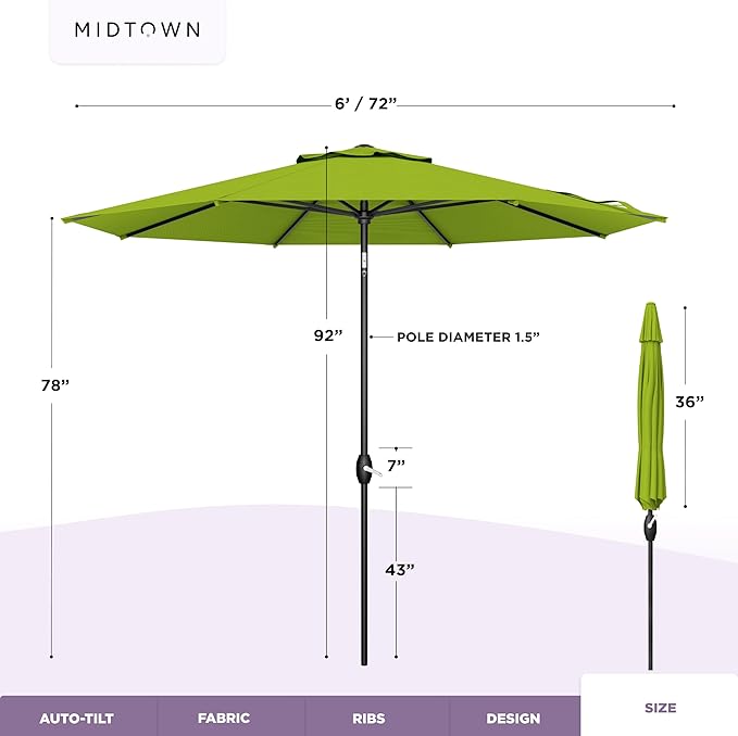 Midtown Umbrellas - 10-Year-No-Fade 6 Ft Patio Umbrella with Terylast Fabric, Auto-Tilt Aluminum Frame and 8 Reinforced Ribs for Deck, Pool, Garden & Beach - Pear Green Canopy, Black Pole