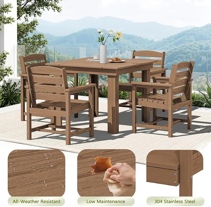 KINGYES HDPE Outdoor Dining Set for 4 with Umbrella, 6-Piece Square Patio Table & Armchairs, All-Weather for Backyard, Garden, Lawn & Poolside, Brown