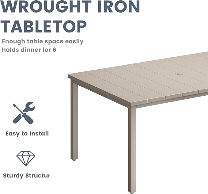 VICLLAX 7 Pieces Outdoor Dining Set, Patio Furniture Set Includes 63" Rectangular Metal Table W/ 1.9" Umbrella Hole and 6 Padded Textilene Swivel Chairs for Porch, Lawn, Garden, Backyard