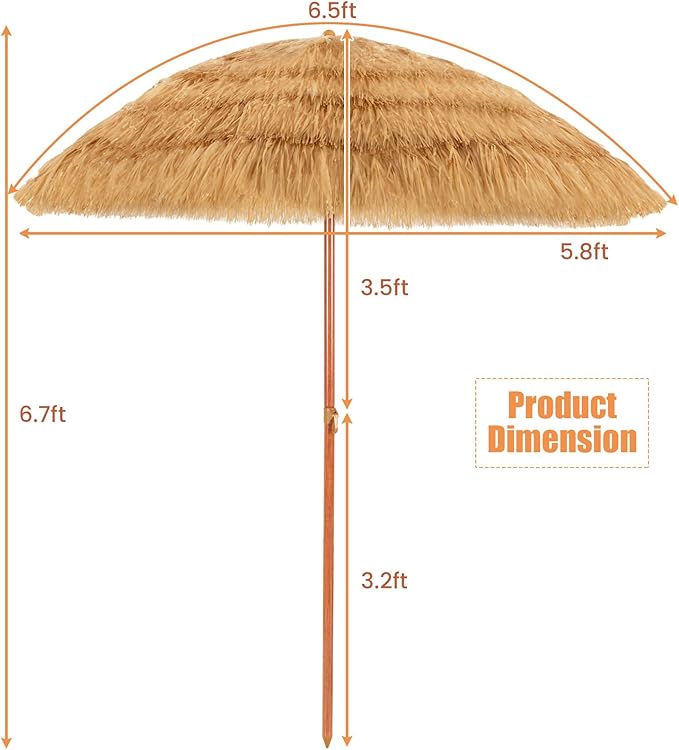 Tangkula 6.5Ft Tiki Patio Umbrella, Hawaiian Style Outdoor PE Grass Umbrella with Tilt Adjustment, 8 Ribs, Portable Thatched Beach Umbrella for Garden, Yard, Poolside