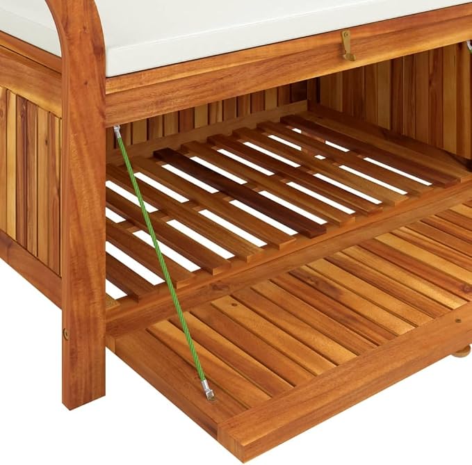 Wooden Outdoor Patio Storage Bench Large Deck Box with White Cream Cushion 35.8"x19.7"x23.6" Solid Wood Acacia Storage Box Deck Box with Seat for Garden, Balcony, Porch, Pool,Yard -AA