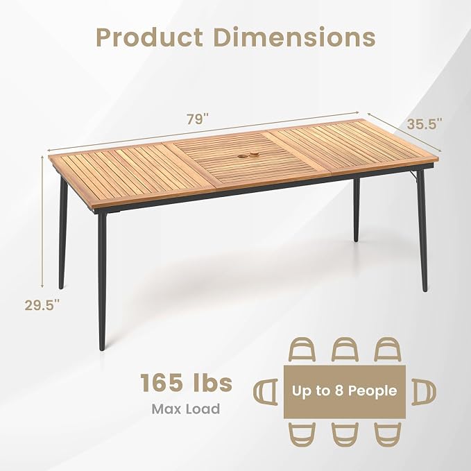 RELAX4LIFE Wooden Outdoor Dining Table for 8, 79’’ Acacia Wood Patio Table w/2’’ Umbrella Hole, Slatted Tabletop & Metal Legs, Indoor Outdoor Rectangular Picnic Table, 8-Person Patio Dining Table