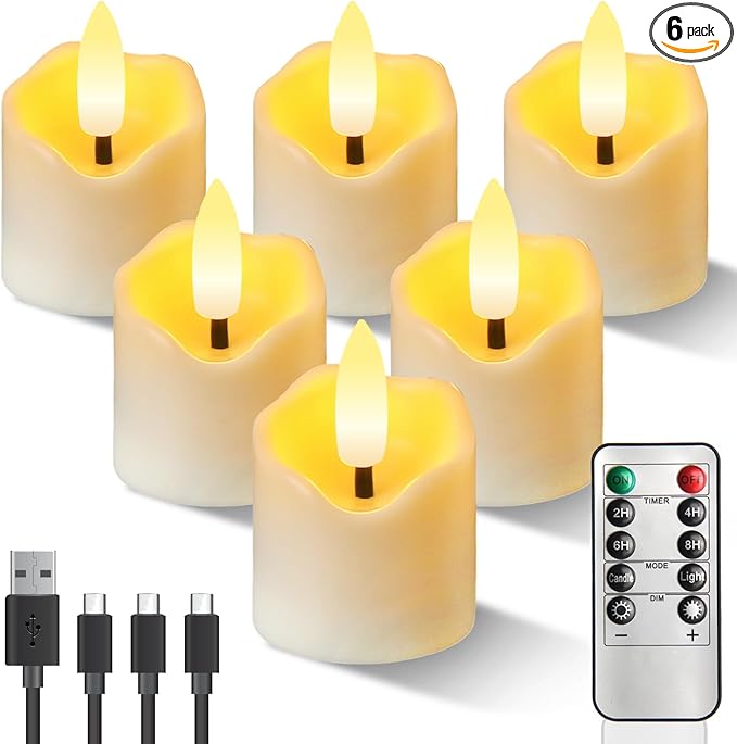 Rechargeable Flameless Tea Light Candles with Timer Remote, 1.5"x2.2" Electric Fake Flickering Votive Candles for Anniversary Wedding Centerpiece Table Decor Funeral Halloween Christmas, ivory, 6 Pack