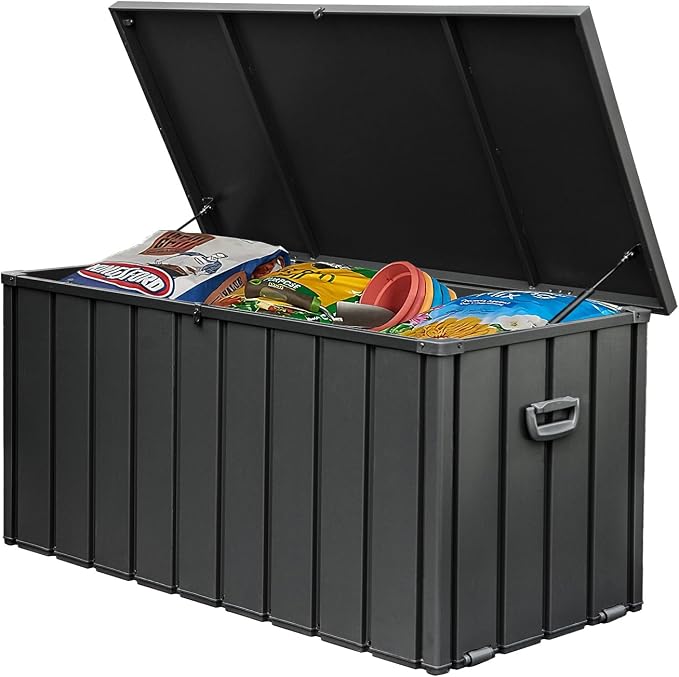 Domi 120 Gallon Deck Box, Metal Outdoor Storage Box with Lock Wheels, Waterproof Outside Storage Box for Patio Cushions