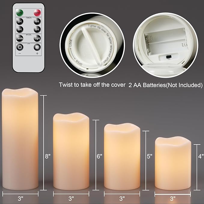 Outdoor Indoor Waterproof Flameless Candles Flickering with Remote Timer, White LED Pillar Candles Battery Operated Pack of 4, Long Lasting Electric Candles Lanterns Φ 3" H 4” 5” 6” 8”
