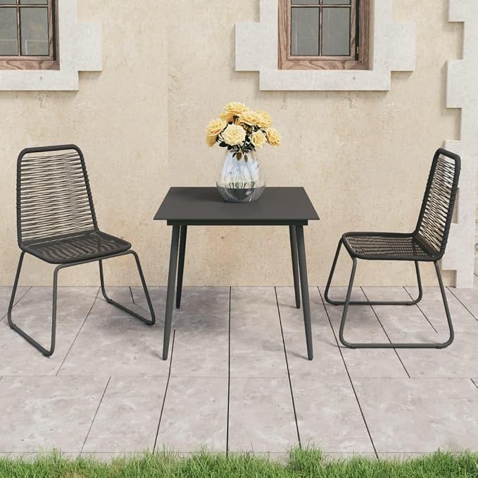 3 Piece Patio Dining Set, Outdoor Bistro Set with Square Glass Top Table and 2 PVC Rattan Chairs, Black Small Space Furniture for Garden, Backyard, Porch and Balcony