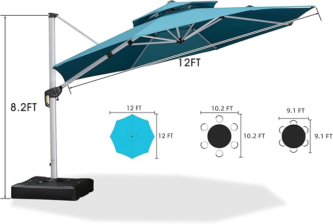 PURPLE LEAF 12 FT Cantilever Patio Umbrellas with Base Included, Large Round Offset Umbrella with 360° Rotation, Outdoor Aluminum Pool Umbrella for Pool Lawn Garden, Turquiose
