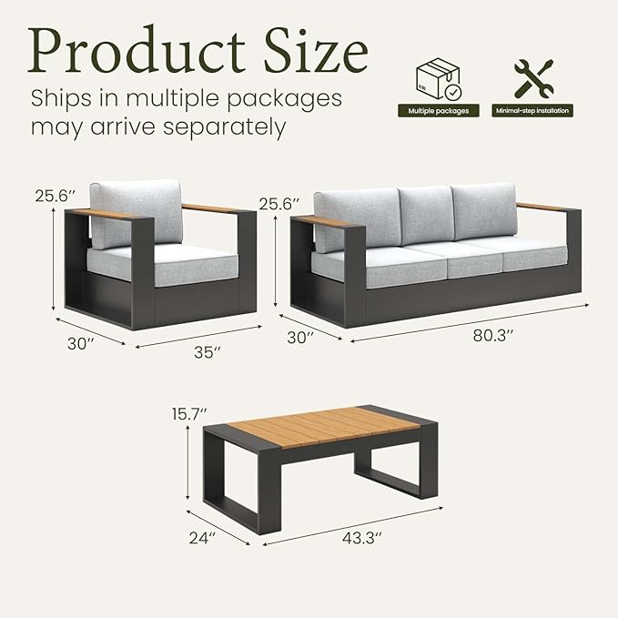 LayinSun 4 Pieces Aluminum Patio Furniture Set with Coffee Table, Oversized Outdoor Conversation Set 5 Seats with 6" Thick Cushions for Outside Porch, Balcony, Deck