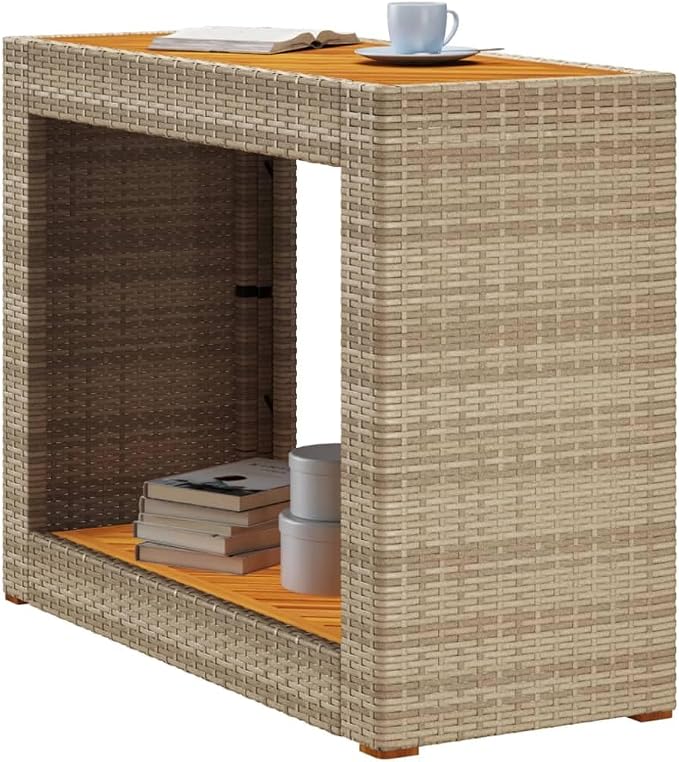 Outdoor Patio Side Table Beige Poly Rattan with Wooden Top 39.4" x 15.7" x 29.5" Coffee Small Side Table for Garden, Patio, Balcony, Backyard, Living Room