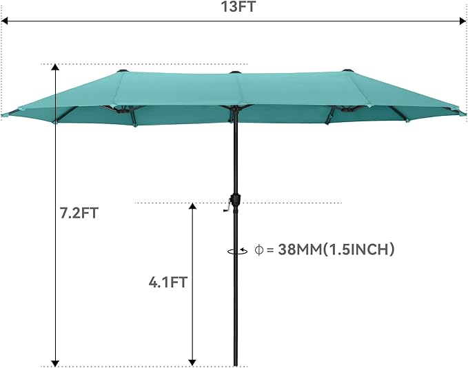 GREEN PARTY 13ft Rectangle Patio Umbrella, Double Sided Outdoor Table Umbrella with Crank & 1.5" Pole, Large Market Umbrella for Poolside Garden Deck Backyard, Turquoise