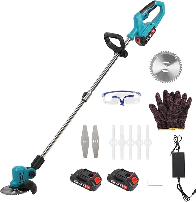 Cordless String Trimmer with Fast Charger, 2 X 2.1Ah Battery Powered Weed Wacker with Auto Line Feed, 21V Weed Eater, Lawn Edger, Cordless Grass Trimmer/Wheel Edger/Mini-Mower/Brush Cutter (Blue A)