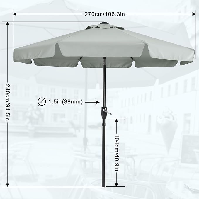 MASTERCANOPY 9ft Patio Umbrella with Valance, Crank and Tilt – 8 Ribs Outdoor Market Umbrella, UV/Fade Resistant, Waterproof Canopy with Wind Vent for Garden, Deck, Backyard, Pool (Light Gray)