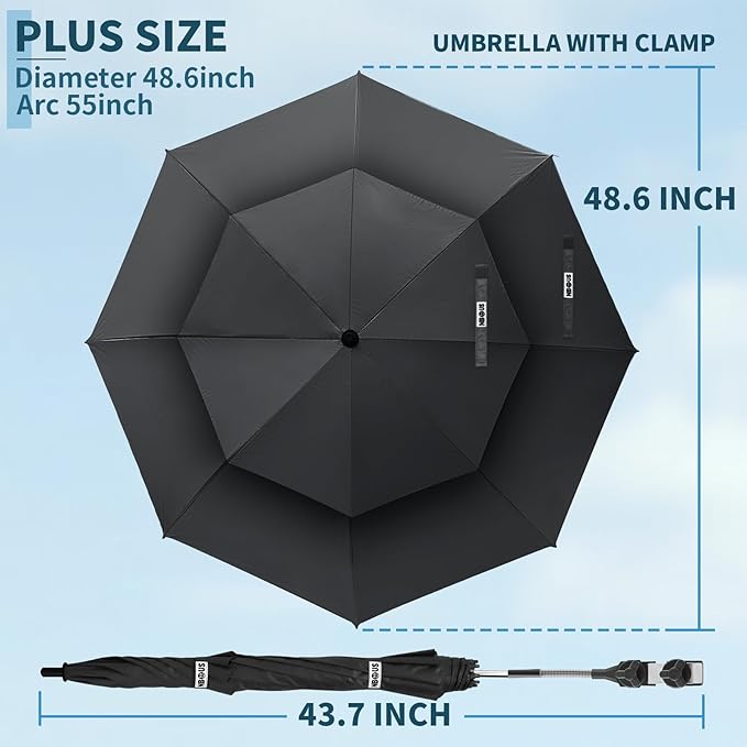 48.6" Double Canopy Beach Umbrella with Clamp, UPF50+ Beach Chair Umbrella with clip, 360°Adjustable Portable Outdoor Wheelchair, Patio, Golf Carts,Camping(Black)