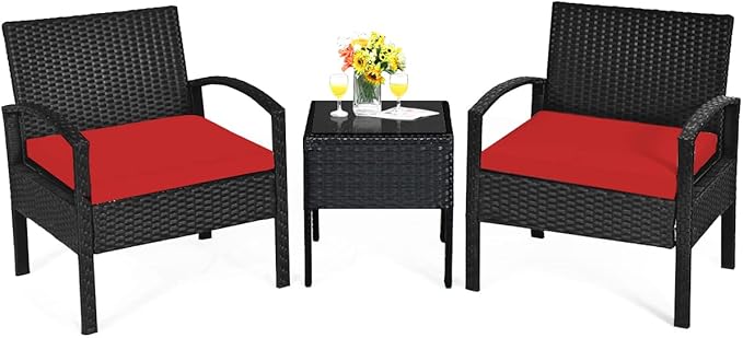 Tangkula 3 PCS Patio Conversation Set, Outdoor Rattan Sofa Set with Seat Cushions & Coffee Table, Patio Wicker Furniture Set for Garden Balcony Backyard Poolside (Red)
