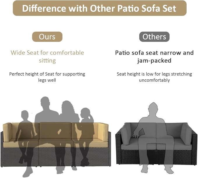 FIZZEEY 7 PCs Outdoor Patio Furniture PE Wicker Rattan Sectional Conversation Sofa Sets, Khaki