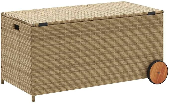 Mix Beige 50.2 Gal Poly Rattan Garden Storage Box with Wheels, Outdoor Patio Storage for Cushions Pillows Blankets, Waterproof Inner Bag and Gas Spring Lid