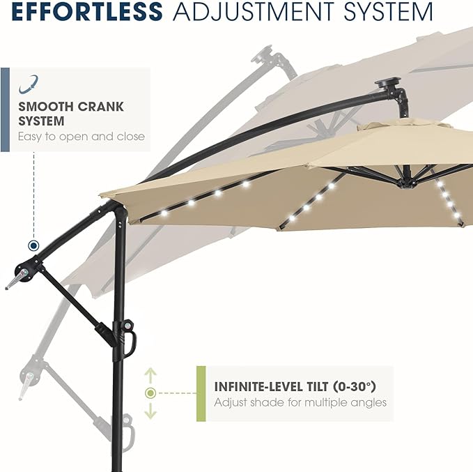 wikiwiki 10ft Solar LED Offset Patio Umbrella, Outdoor Cantilever Patio Umbrellas with Solor Lights for Backyard, Poolside and Garden, Easy Tilt Adjustment, 32 LED Lights & Polyester Shade, Beige