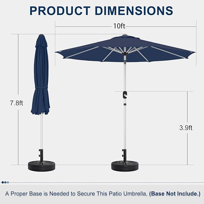 10FT Aluminum Outdoor Patio Umbrella, Fade-Resistant Market Umbrella with Push Button Tilt Function, 8 Sturdy All-Aluminum Ribs for Gardens, Patios, Backyards & Pools
