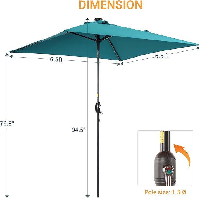Square Patio Umbrella With Solar Lights, 6.5x6.5ft Square Umbrella Outdoor Patio with Tilt and Crank for Pool, Deck, Garden,Backyard