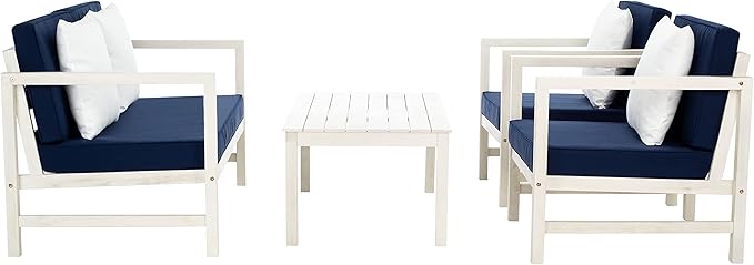 SAFAVIEH Outdoor Collection Montez White/ Navy Cushions/ White Pillows 4-Piece Conversation Patio Set