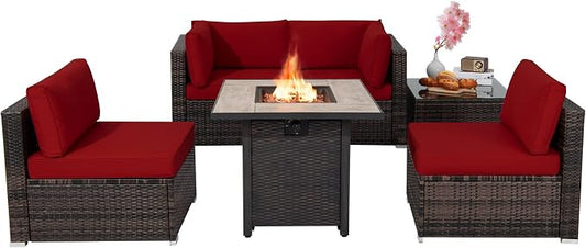 Tangkula 6 Piece Outdoor Rattan Sofa Set with 30in Propane Gas Fire Table, Ceramic Fire Tabletop, 50,000 BTU Heat Output, Cushions & Fire Pit Dust Cover, Patiojoy Weatherproof Wicker Set (Red)