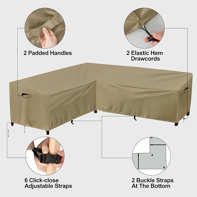 PureFit Outdoor Sectional Sofa Cover Waterproof L Shaped Patio Furniture Covers for Deck, Lawn and Backyard, 104”x83” Right Facing, Camel