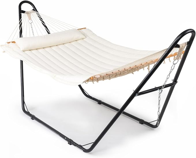 ONCLOUD Double Hammock with Stand for Outside, Rope Hammock with Pillow and Pad, Heavy Duty Hammock Set for Backyard, 550 LBS (White)