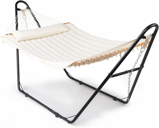 ONCLOUD Double Hammock with Stand for Outside, Rope Hammock with Pillow and Pad, Heavy Duty Hammock Set for Backyard, 550 LBS (White)