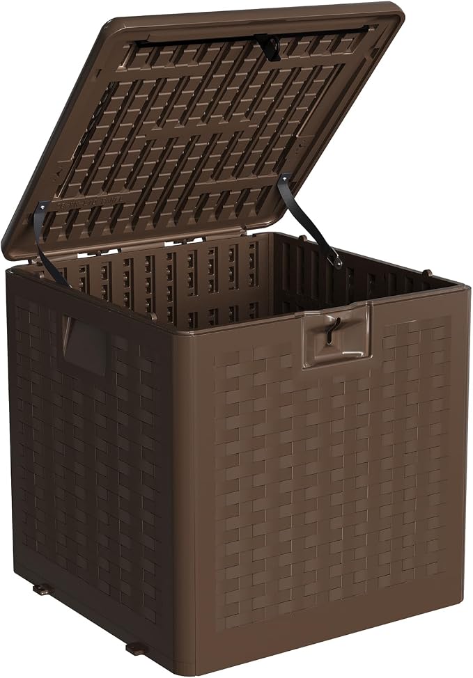28 Gallon Blow Molded Storage Box, Imitation Rattan Pattern Outdoor Storage Bin with Lid, Large Plastic Deck Box for Patio, Balcony, Garage, Bedroom Indoor & Outdoor Organization