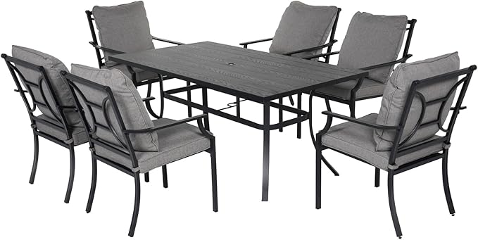 Grand patio 7-Piece Patio Dining Set for 6, E-Coated Outdoor Fixed Dining Set with Olefin Cushions,1 Rectangular Dining Table, Black with Umbrella Hole
