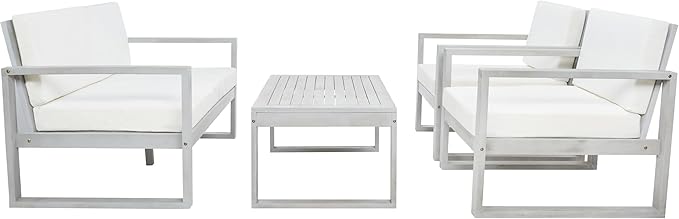 SAFAVIEH Outdoor Collection Emiko Grey/Beige Cushion Solid Wood 4-Piece Conversation Patio Set