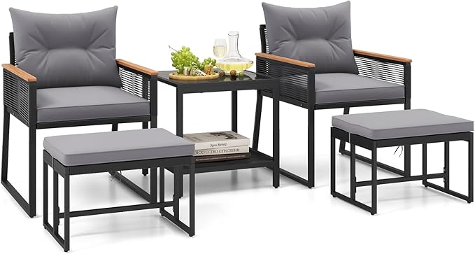 HAPPYGRILL 5 Piece Patio Conversation Set PE Rattan Wicker Chairs with 2 Ottomans, Soft Cushions and 2 Tier Coffee Table, Outdoor Furniture Set for Backyard, Garden and Poolside