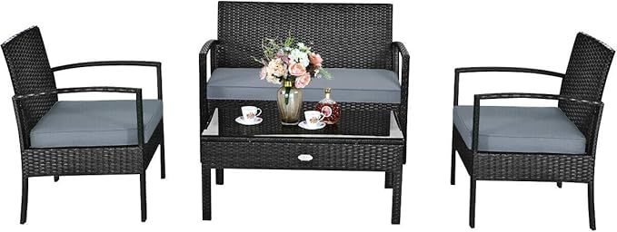 HAPPYGRILL 4-Piece Patio Furniture Set Rattan Wicker Sofa & Coffee Table Outdoor Conversation Set for Patio Garden Poolside