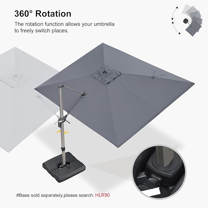 PURPLE LEAF 9' X 11' Patio Umbrella, Rectangle Outdoor Cantilever Umbrella, Aluminum Offset Umbrella with Champagne Frame and 360° Rotation for Pool Deck Garden, Light Grey