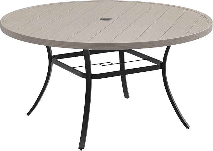 DIFY Patio Round Dining Table, 53" All Weather Round Outdoor Table with 1.57" Umbrella Hole for 8 Person, Perfect for Yard, Balcony and Lawn, Grey Wood-Like