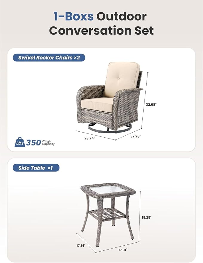 3-Piece Outdoor Patio Furniture Set with Swivel Chairs, Outdoor Conversation Wicker Sofa with Coffee Table, Rattan Couch for Deck Yard Poolside, Beige