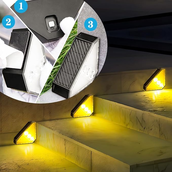 Upgraded Wireless Solar Step Lights. 5X Longer Life Than Ordinary. Strong 3M Adhesive + Screws. IP65 Waterproof for Stairs/Decks/patios. Reliable Performance(Warm White)